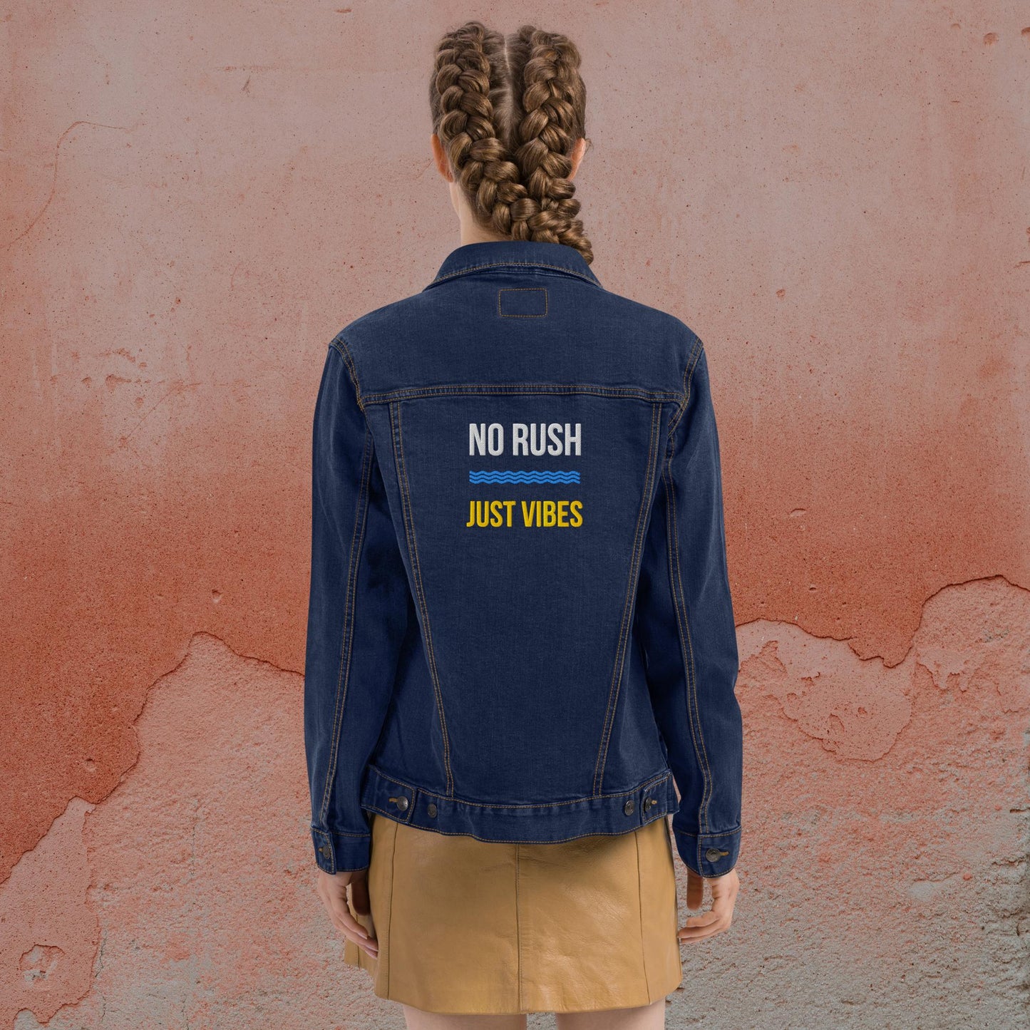 No Rush, Just Vibes – Unisex Embroidered Denim Jacket | Relaxed Streetwear