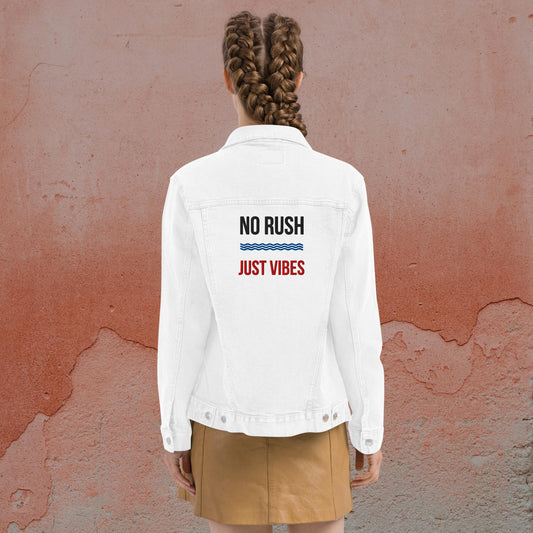 No Rush, Just Vibes – Minimalist Embroidered Denim Jacket | Casual Streetwear